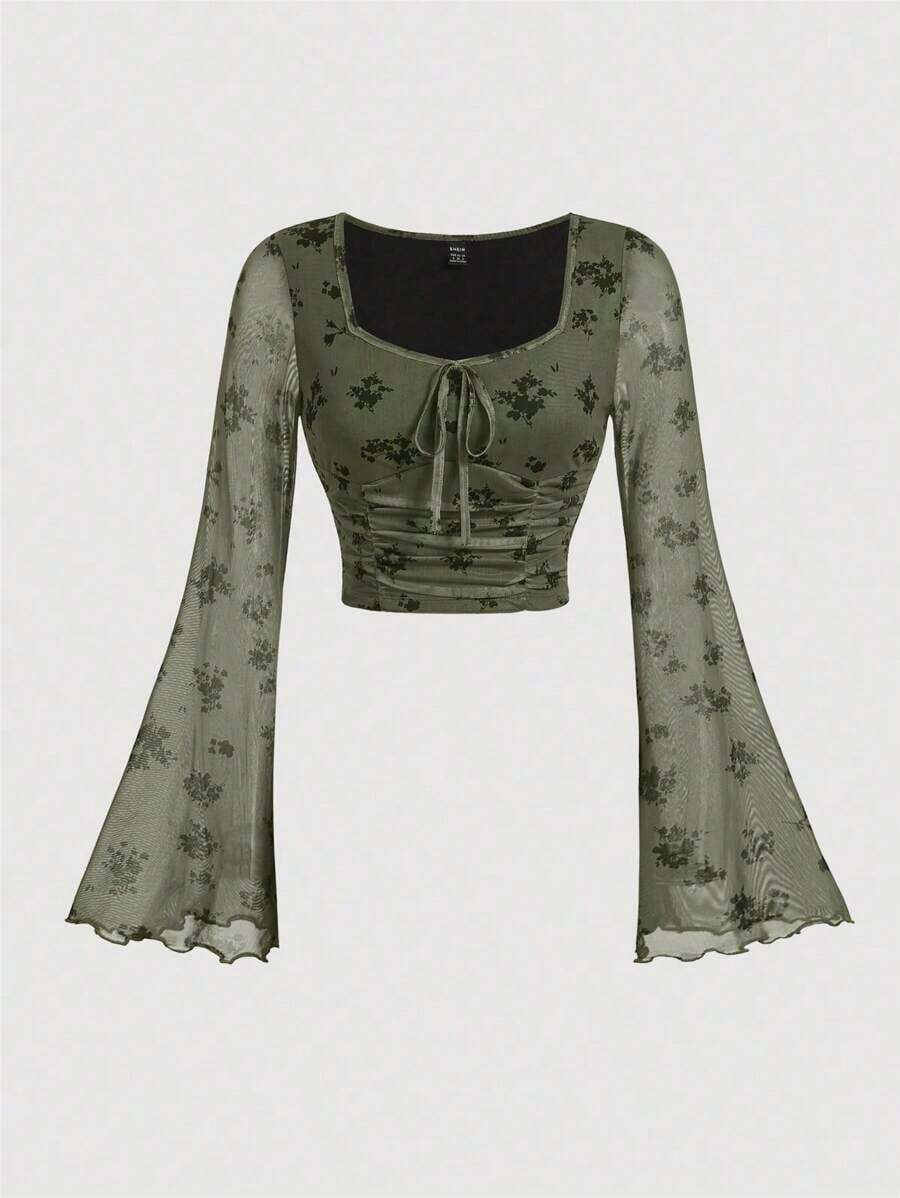 MOD Camiseta Vintage de Manga Larga con Estampado Floral Casual para Mujer, Invierno, Renacentista, Blusa de Manga Larga para Mujer, Estilo Hippie, Navidad, Blusa Festiva, Vintage - Verde militar - Ver 1