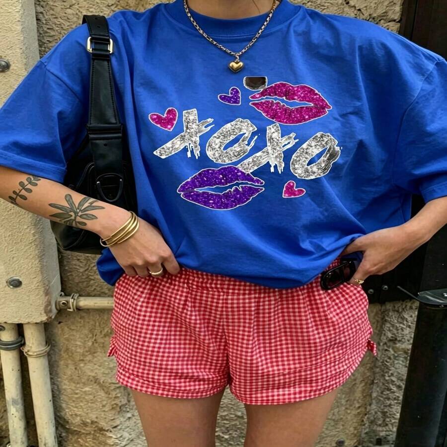Heartfelt Daily Casual Graphic T-Shirt 100% Cotton Oversized Soft Breathable Casual Crewneck Short Sleeve Top Cute Aesthetic Red Checkered Shorts Street Style Fashion Lovers Casual Wearers Daily Outfit Enthusiasts Gift Givers