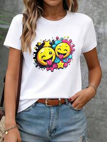 ¡Oferta por tiempo limitado, unidades limitadas,  relámpago! Camisas casuales para mujer, camisetas de poliéster para mujer, camisas elegantes.Una camiseta para mujer con dos caras sonrientes amarillas sacando la lengua y guiñando un ojo, con coloridos diseños de salpicaduras de pintura. Es una camiseta casual de verano de manga corta perfecta para el uso diario y para combinar conjuntos con amigos - Blanco - Ver 9