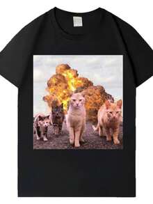 Women's T-ShirtsFunny Cat Explosion Pop Graphic T Shirt Fashion Crewneck Short Sleeve Summer Gothic Print Tops Men Women Loose Clothes Hot - 黑色 - 查看 1