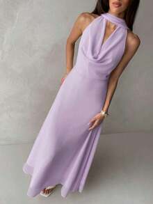 Vestido de mujer con cuello en V, corte evasé, volantes y espalda descubierta en color amarillo - Púrpura malva - Ver 3