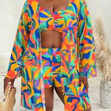 3pcs Plus Size Swimwear Set, Includes Swimwear, Cover-Up, Random Floral Print, Casual Summer Beach Outfit For Women - Multicolor - Ver 9