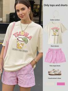 Conjunto de camiseta de manga corta holgada con estampado de tequila y pantalones cortos a rayas, traje de mujer, conjunto de dos piezas para mujer, conjunto de verano para mujer, ropa de vacaciones, atuendo de viaje, estilo de playa, ropa de vacaciones minimalista y elegante - Multicolor - Ver 5
