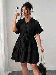 Vestido informal de estilo camisa de talla grande con detalles ricos - Negro - Ver 3