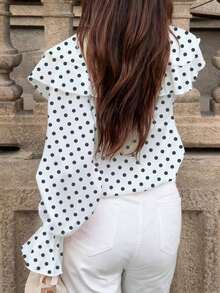 Camisa casual con botones, con volantes, estampado floral diminuto y decoración de perlas, ideal para primavera y vacaciones - Blanco - Ver 6
