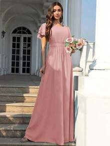 Vestido de dama de honor de gasa con volantes y mangas cortas con volantes, cuello de barco, estilo elegante para boda, color eucalipto - Rosa Pálido - Ver 5