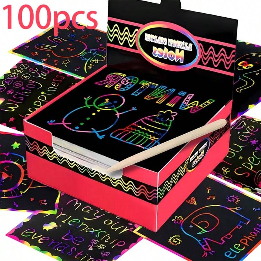 100pcs Rainbow Scratch Art Card Set, Reveal Hidden Vibrant Color Patterns, Imaginative Oil Painting Cardboard Provides Endless Enjoyment - Ideal Handmade Gift For Celebrations, Birthdays, Halloween And Christmas - 100 Sheets + 2 Bamboo Pens [Boxed] - View 1