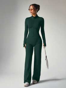 Purple Zipper Fitted Long Sleeve Top + Loose Wide Leg Pants 2pcs Yoga Outfit Sports - Dark Green - View 7