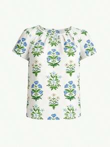 Blusa de verano para mujer con escote de ojo de cerradura, manga abullonada y pliegues plisados, estilo bohemio con estampado floral - Verde 2 - Ver 4