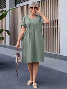 Vestido casual de mujer talla grande de unicolor, cuello redondo, manga corta, abotonado y con bolsillo - Verde 2 - Ver 5
