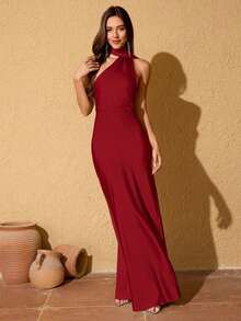 Vestido largo de satén azul nebuloso con cuello de bufanda sin mangas y ajustado para mujer, ideal para bodas y primavera - Burdeos - Ver 2