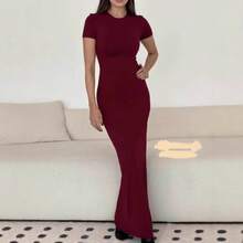 Slim-Fitting Long Dress For Women In Summer, Sexy And Elegant, Pure And Desirable, With A Round Neck And Short Sleeves, Long Style Women's Dress. Dresses For Women Summer Dresses For Women Vacation Outfits Women - 深棕色 - 查看 3