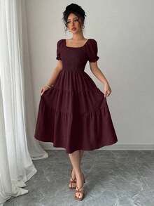 xheElenzga Vestido casual de mujer de unicolor, vestido de manga corta con cuello cuadrado en caqui, vestido de línea A cintura ceñida de punto de cable para vacaciones, de veranoxhe - Granada - Ver 5