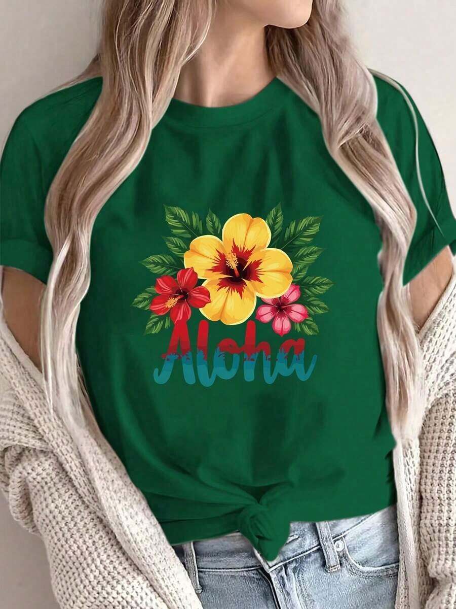 Camisetas ligeras con estampados florales y de letras a la moda, camiseta casual de manga corta y cuello redondo, ropa de mujer, ropa de mujer de talla estándar, 100% algodón, opción popular. - Verde - Ver 1