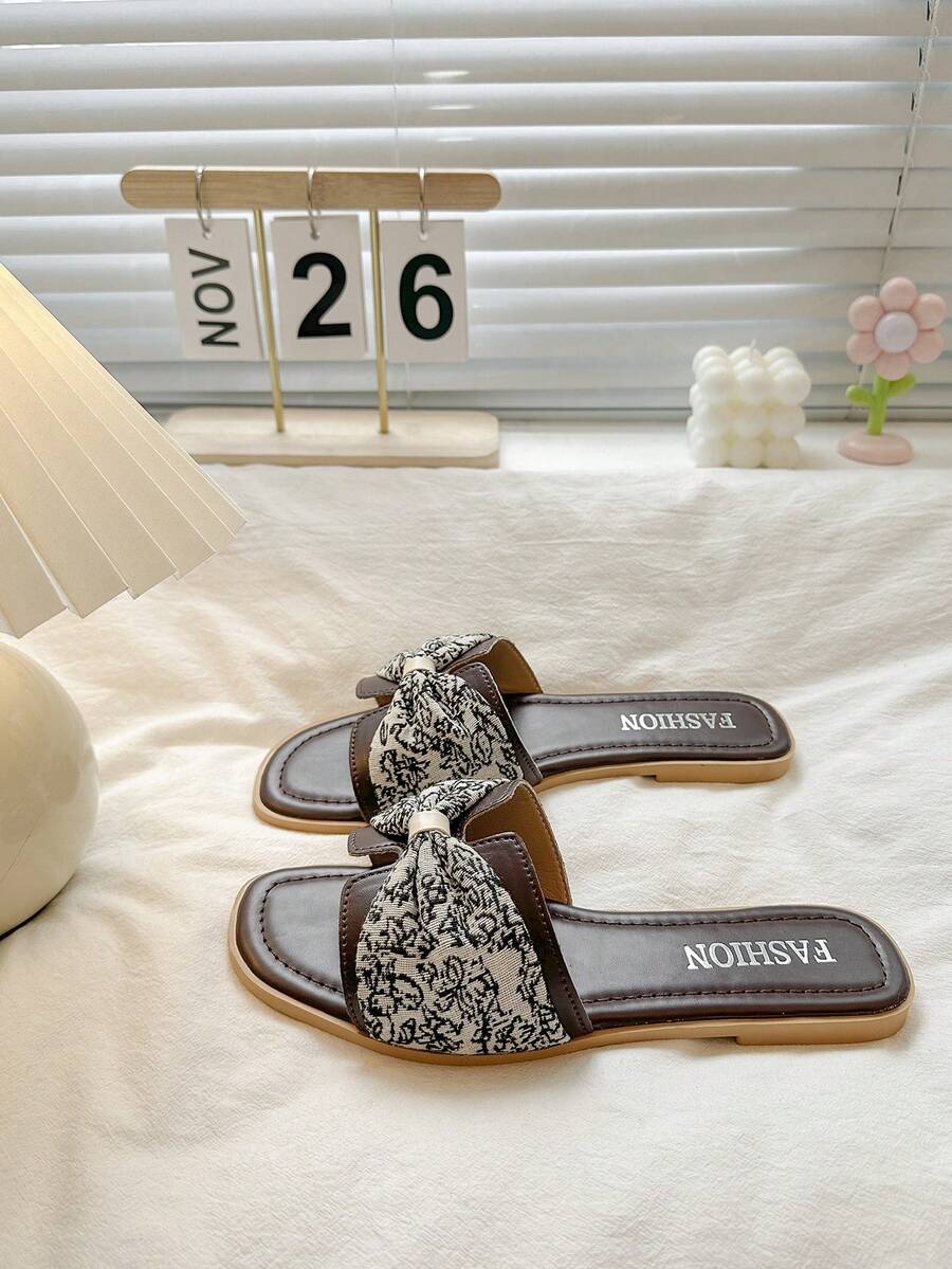 Women's Flat Sandals With Bow Design, Beach Summer Slippers For Outdoor Weekend Vacation - Brown - View 1