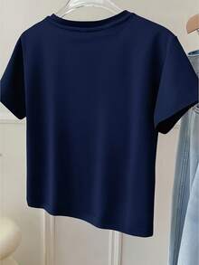 Y2K Women's Short Sleeve T-Shirt - Slim Fit Top With Cartoon Print, Semi-Sheer Round Neck, Medium Stretch Fabric For Spring, Summer, And Autumn, Casual T-Shirts, Summer Fashion, Slim Fit Tee - 海軍藍 - 查看 2