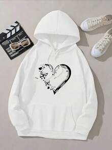 Moletom Canguru Estampado Borboleta Coração Casaco De Frio Quentinho Flanelado Com Capuz Blusa de frio Agasalho Unissex - Branco - Visão 1