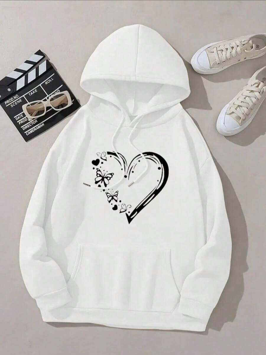 Moletom Canguru Estampado Borboleta Coração Casaco De Frio Quentinho Flanelado Com Capuz Blusa de frio Agasalho Unissex - Branco - Visão 1