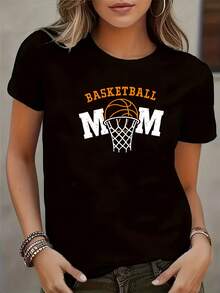 Camiseta de Moda para Mujer, Cuello Redondo Negro, Estampado "Mamá Baloncestista", Manga Corta, Estilo Casual Moderno - Negro - Ver 1