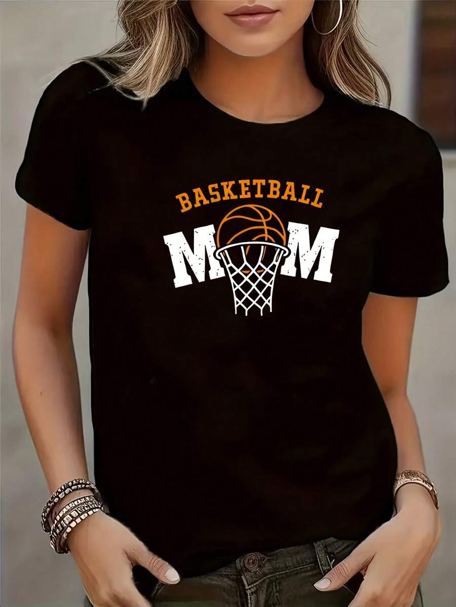 Camiseta de Moda para Mujer, Cuello Redondo Negro, Estampado "Mamá Baloncestista", Manga Corta, Estilo Casual Moderno - Negro - Ver 1