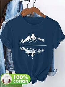 Women's 100% Cotton Short Sleeve T-Shirt With Subtle Outdoor-Themed Patches - Casual Spring And Summer Blouse, Machine Washable, Ideal For Picnics And Casual Wear, Non-Outdoor Printed T-Shirts - 藍色 - 查看 3