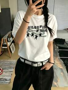 Y2K Women's Letter Print T-Shirt - Stylish Y2K Oversized Crew Neck Summer Top, Loose Fit Casual Blouse For Layering And Casual Wear - [白色的] - 查看 2