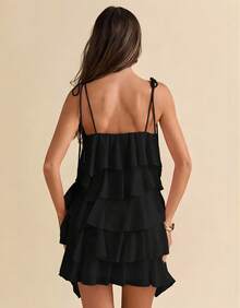 Women's Short Dress With Layered Ruffles, Thin Straps, V-Neck, Summer Fashion - Black - View 5