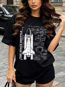 Camiseta de manga corta con cuello redondo suave y casual para mujer, el estampado gráfico del diseño del transbordador espacial es perfecto para los amantes de la ciencia en la primavera y el verano. Blanca. - Negro - Ver 1