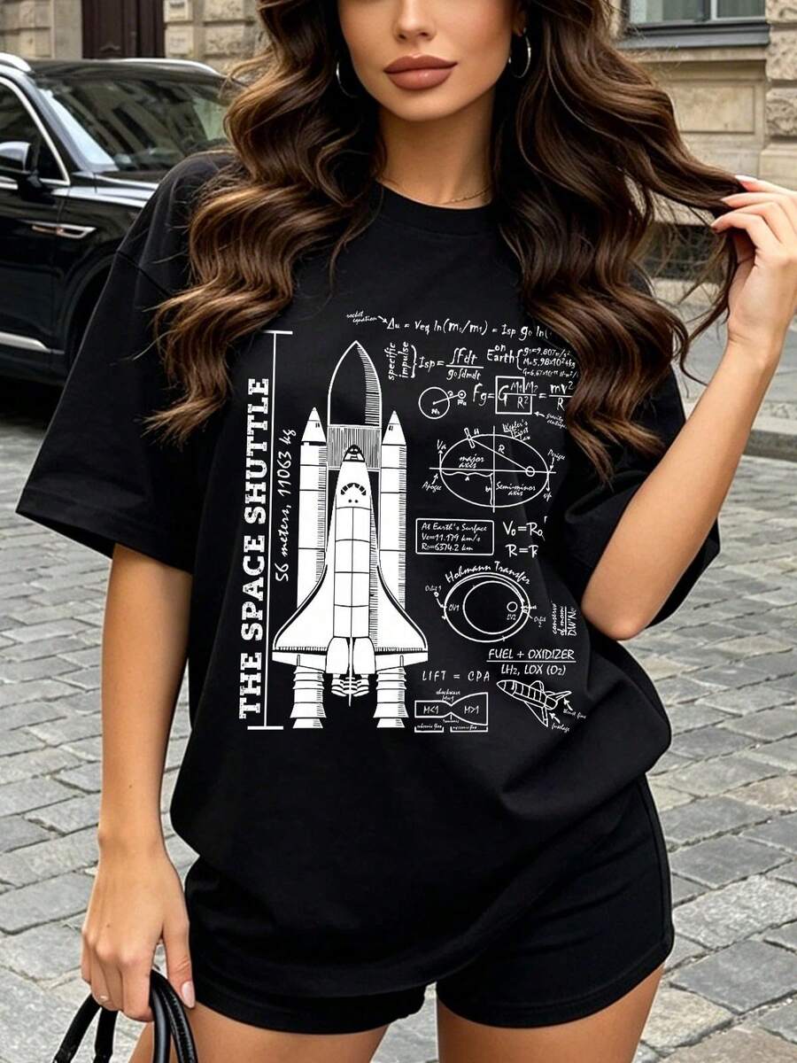 Camiseta de manga corta con cuello redondo suave y casual para mujer, el estampado gráfico del diseño del transbordador espacial es perfecto para los amantes de la ciencia en la primavera y el verano. Blanca. - Negro - Ver 1