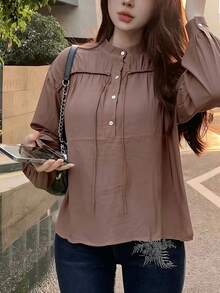 Black Long-Sleeved Shirt With A High Collar And Pleats, Elegant And Versatile Style - 棕色 - 查看 6
