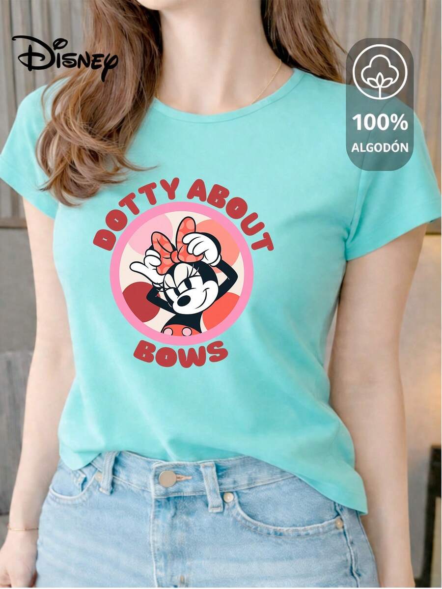 Women's T-Shirt Made Of 100% High-Quality Cotton, This T-Shirt Guarantees Exceptional Softness To The Touch, Round Neck With "Disney Minnie Dotty About Bows" Print And Short Sleeves - 水 - 查看 1