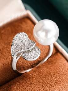 1pc Elegant Cubic Zirconia & Faux Pearl Ring, Women's Wedding Jewelry, Valentine's Day Gift - Silver - View 5