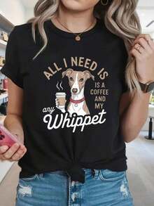 Squeezing Out A Love For Pets And Coffee, This Women's Crew Neck T-Shirt For Spring/Summer Features A Design With A Whippet Coffee Print And Whippet Dogs Enjoying A Relaxing Moment. 100% Cotton. - 黑色 - 查看 6