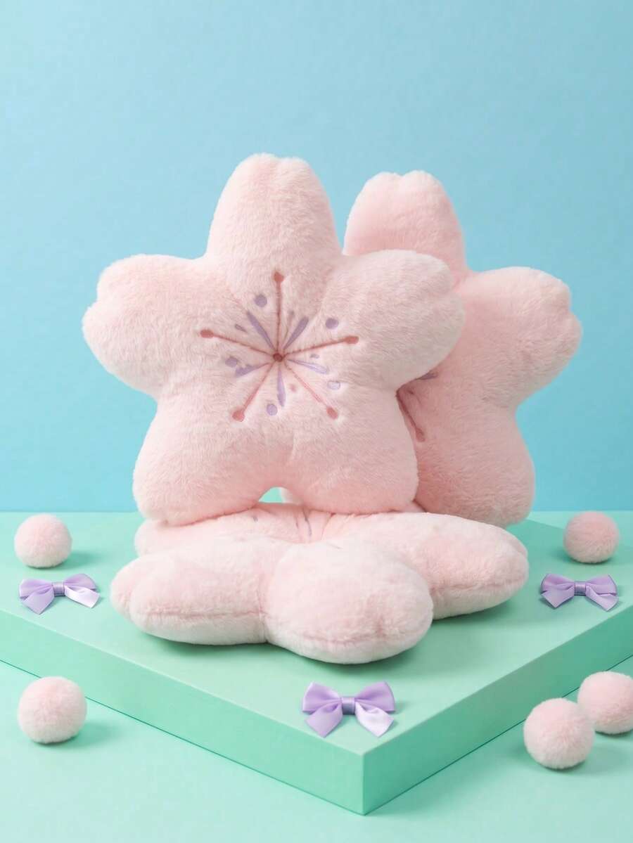 INS Style Cute Sakura Plush Throw Pillow, Double-Sided Embroidered Faux Fur Soft Cushion, Sweet Girl Aesthetic Sofa Lumbar Pillow, Decorative Seat Cushion Suitable For Bedroom Window, Tatami Bed, Office Chair, Indoor Home Relaxation And Nap - Pink - View 1