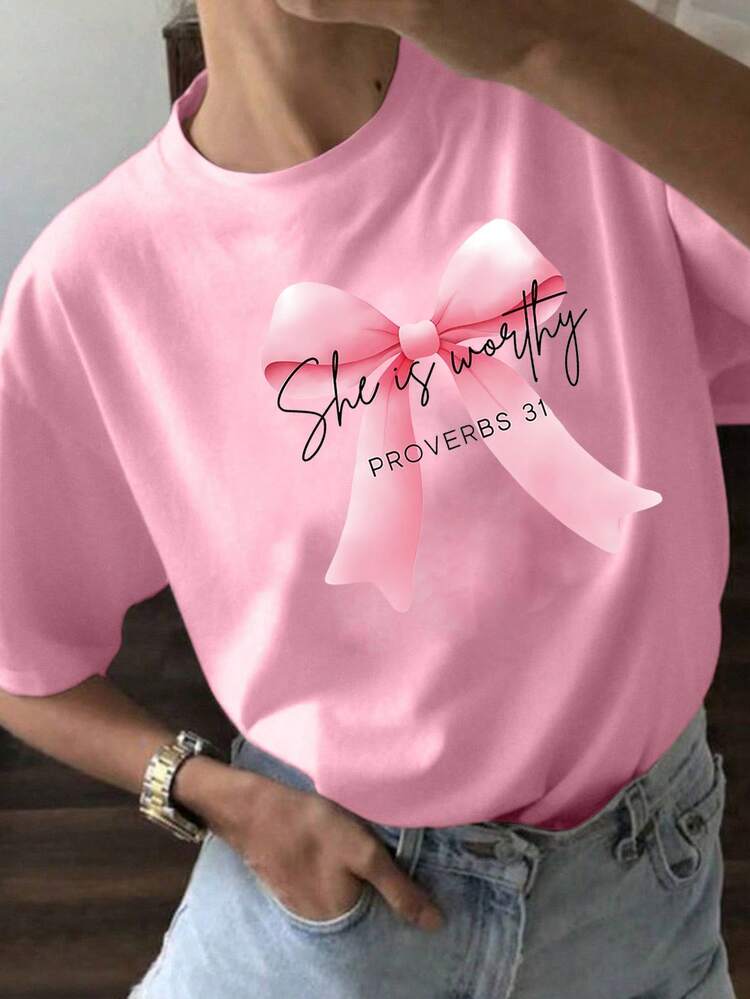 Women's Oversized Pink T-Shirt Summer 2026 With Satin Bow Print. This Oversized Pink T-Shirt With A Satin Bow Is Perfect For Casual And Date Outfits. - YH597-粉紅色 - 查看 1