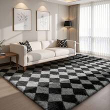 Sour Lemon Rugs Living Room 200x300cm, Grey Area Rugs For Bedroom, Washable Anti Slip Extra Large Shaggy Soft Rug Fluffy Modern Floor Carpets Mat Beside Carpet, Long Runner Rug For Hallway - Black & Gray Diagonal Checkered - View 2