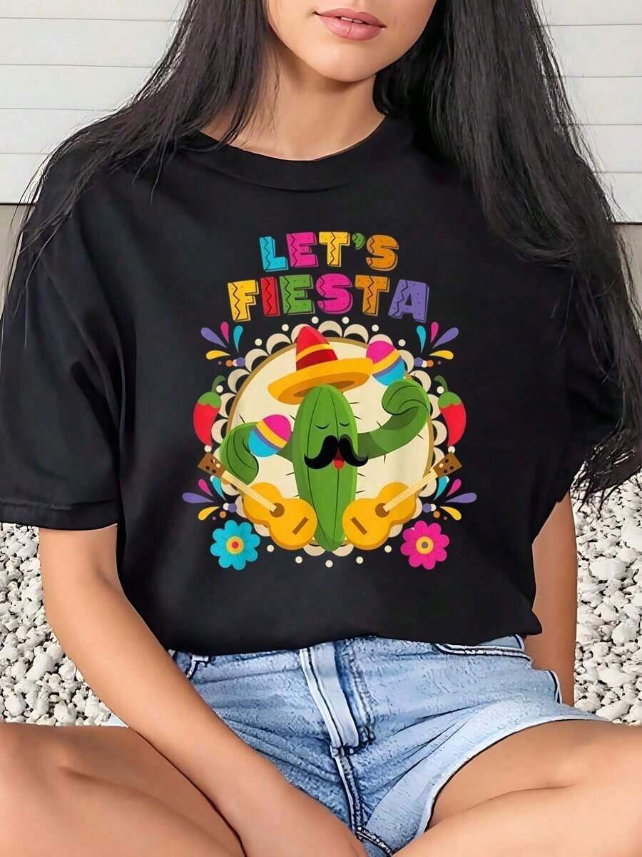 Camiseta de Mujer con Estampado de Cactus, Sombrero y Maracas para Celebración del Cinco de Mayo - Negro - Ver 1