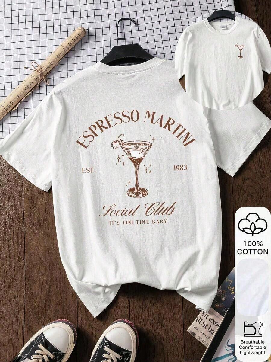 Camiseta holgada de verano para mujer, estampado de copa de martini espresso y vino, 100% algodón, blanca, de manga corta con estampado gráfico, ropa para la vuelta al cole, ideas de atuendos escolares, artículos esenciales para la vuelta al cole, atuendo para el primer día de clases, atuendos casuales para la vuelta al cole 2026. - Blanco - Ver 1