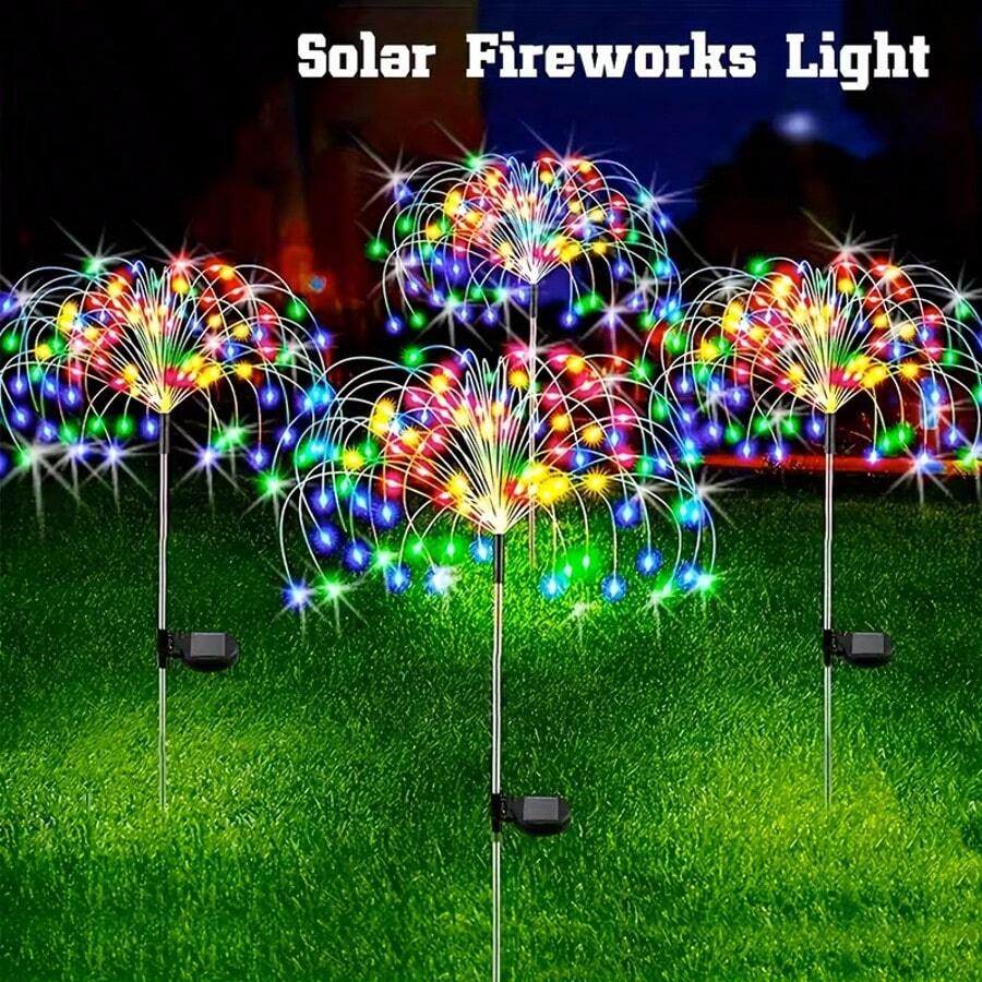 2pcs Solar Powered Firework Lights, Suitable For Outdoor Use, Waterproof, With 90 LED Flickering Solar Lights, Applicable For Outdoor Patio, Backyard, Garden And Pathway Decoration