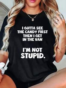 Talla Grande - Talla Grande - Camiseta con Frase Divertida para Mujer - Tengo que ver los dulces antes de subir al coche |   Fondo negro con texto blanco - Camiseta casual de cuello redondo para uso diario - Camiseta divertida y cómoda para tallas grandes, camiseta de mujer, camisa elegante. - Negro - Ver 5