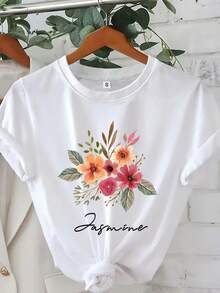 Personalized Casual T-Shirt With Floral Name, Bridesmaid Gifts, Mother's Day Gifts, Party Favors, Personalized Floral T-Shirt, Mother's Day Gift, Gift For Mom, Valentine's Day Gift For Mom, T-Shirt For Mom With Names, 100% Cotton, Durable - 白色 - 查看 1