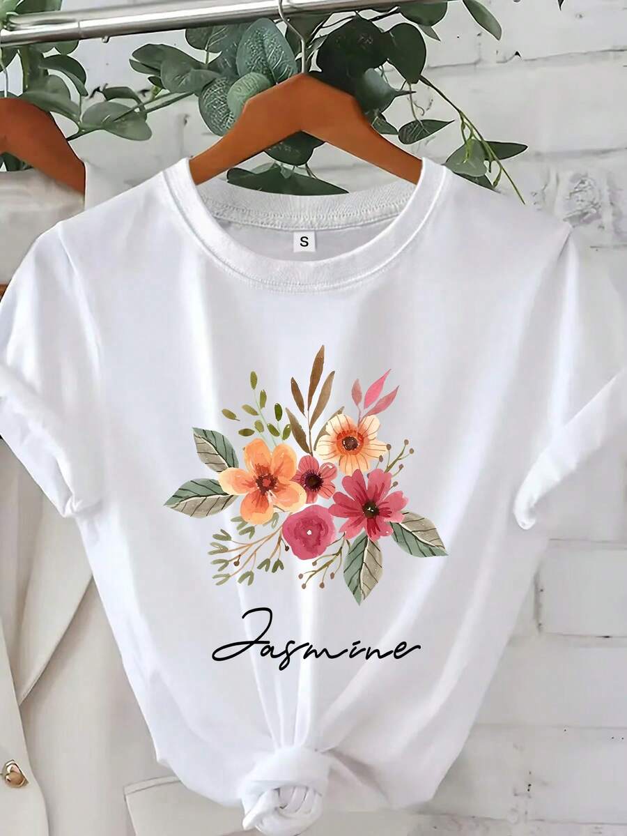 Personalized Casual T-Shirt With Floral Name, Bridesmaid Gifts, Mother's Day Gifts, Party Favors, Personalized Floral T-Shirt, Mother's Day Gift, Gift For Mom, Valentine's Day Gift For Mom, T-Shirt For Mom With Names, 100% Cotton, Durable - 白色 - 查看 1