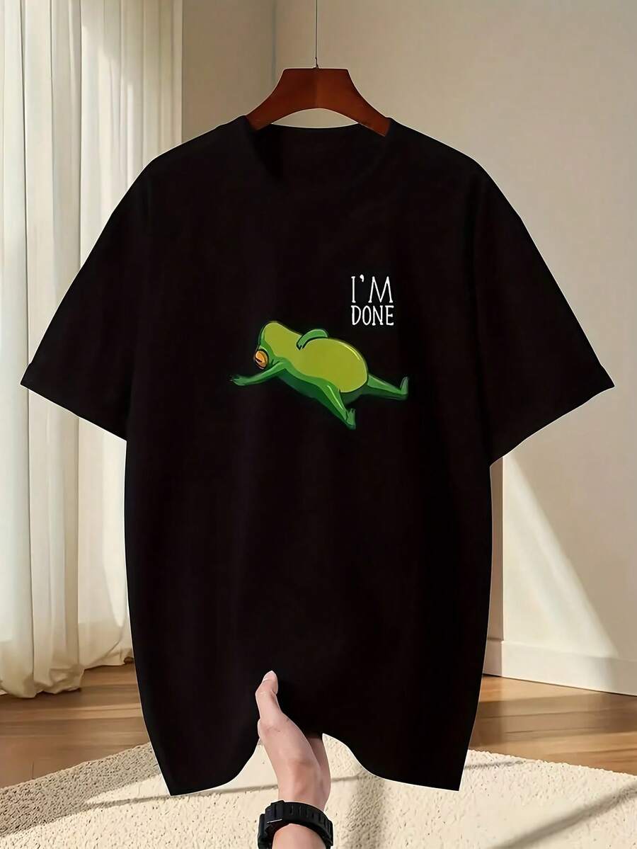 Funny Men's T-Shirt With Frog Design "That's Enough, I Need A Hug" - Lightweight, Breathable, Casual, Ideal For Everyday Wear And Themed Events - Short Sleeve T-Shirt With Crew Neck And Frog Design - 黑色 - 查看 1