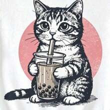 Simple And Versatile Design Bubble Tea Cat T-Shirt, Cute Cat Drinking Bubble Tea T-Shirt, Vintage Tattoo Style Cat T-Shirt, 90s Aesthetic Cat T-Shirt, Gift For Cat Lovers - 白色 - 查看 2