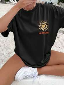 1 pieza[Impresión a doble cara]Camiseta de mujer para primavera/verano, estilo casual de playa, estilo bohemio, estampado Sun Heart LE SOLEIL, cuello redondo, manga corta, 100% algodón, corte holgado con hombros caídos[Chu K]100% algodón - Negro - Ver 3