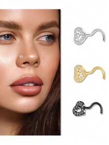 20G 6 piezas Aros de nariz, barra de 7mm, CZ de 3mm, acero inoxidable, adecuados para perforación de la nariz, ajuste pequeño para uso diario, trabajo, sueño, mujeres y hombres - Dorado - Ver 1