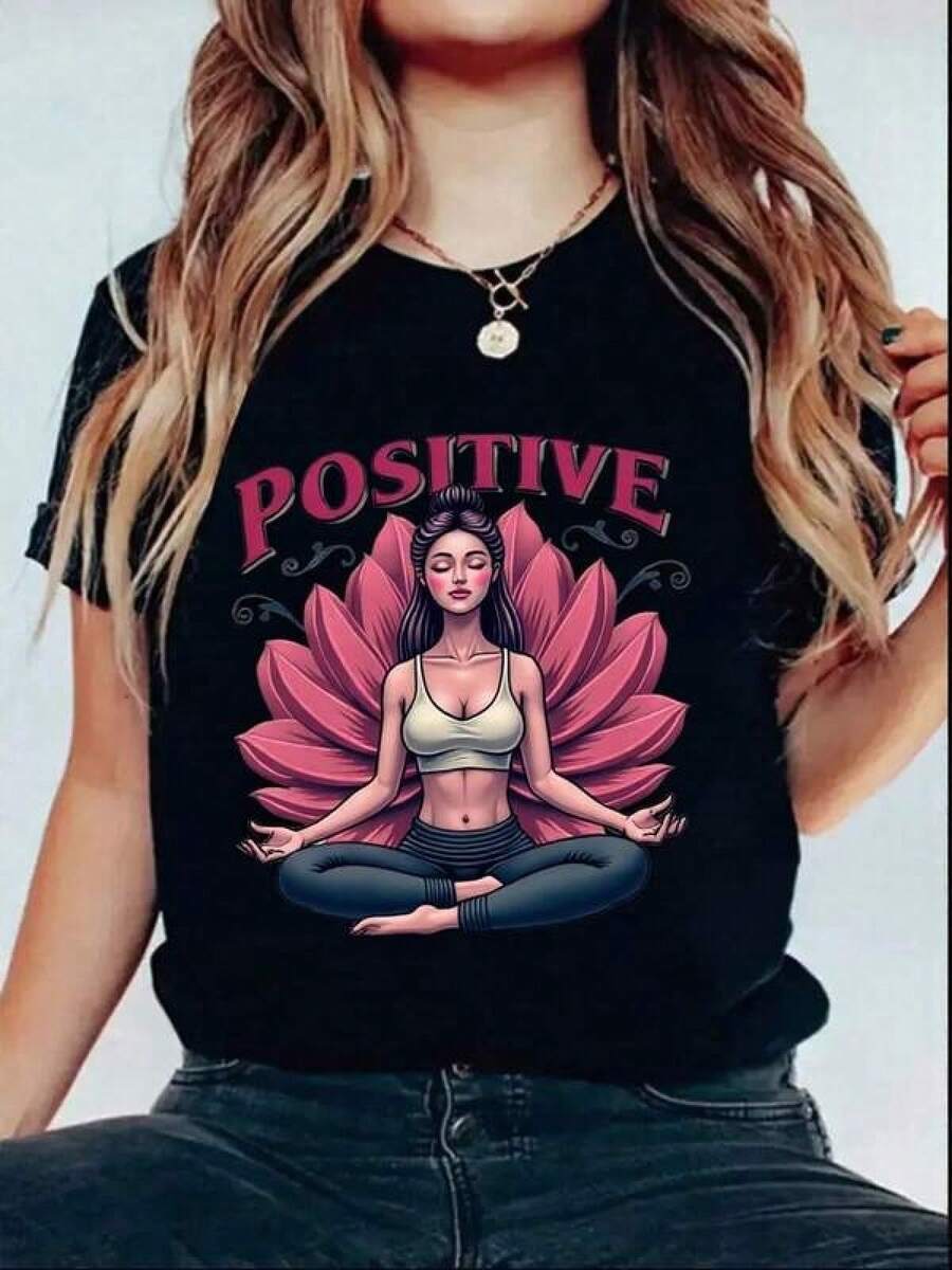 2026 new Camisetas Para Mujer Camiseta yoga positiva mujer motivacional estampado loto relajante casual negra moderna chicas disponible en S M L XL moda . - Negro - Ver 1
