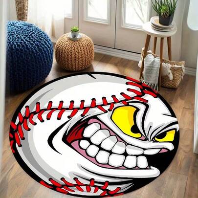 1pc White Baseball Fierce Expression Funny Doormat, Living Room Decor, Bedroom Decor, Home Casual Carpet, Decorative Carpet, Washable Carpet