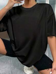1 Piece Of Women's Clothing, Women's T-Shirt, Casual Short Sleeve Top With Round Neck, Medium Elasticity Fabric, Machine Washable, Comfortable Fit For All Seasons, Women's T-Shirt, T-Shirt With Unique Design, Comfortable Fit, 180g, 100% Cotton. - 黑色 - 查看 3