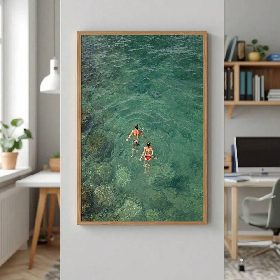 1幅装裱/未装裱夏季野泳帆布海报，现代海洋绿色海岸海洋墙面艺术印刷品，海滩小屋装饰，简约卷轴画，适用于玄关、客厅、卧室、现代家居装饰